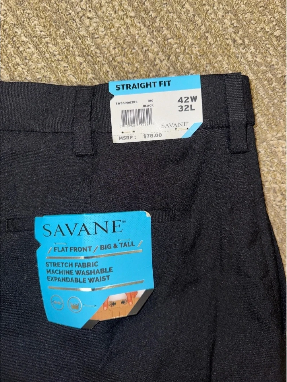 Men’s Savane Black Dress Pangs Size 42”x32” New With Tags